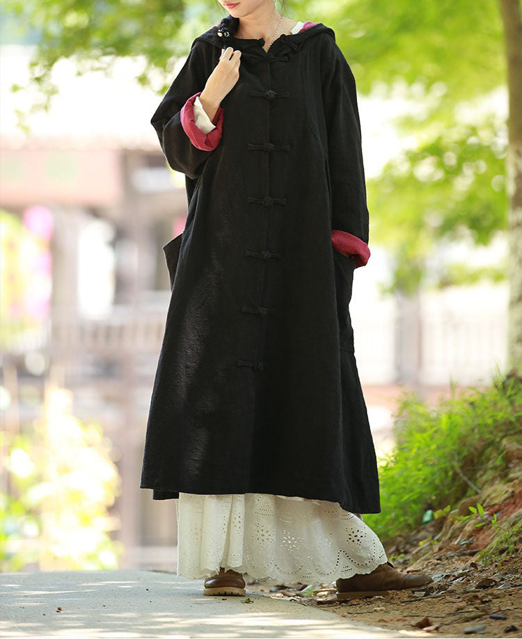 Black Linen Cotton Cardigan Hooded Long Coat For Women