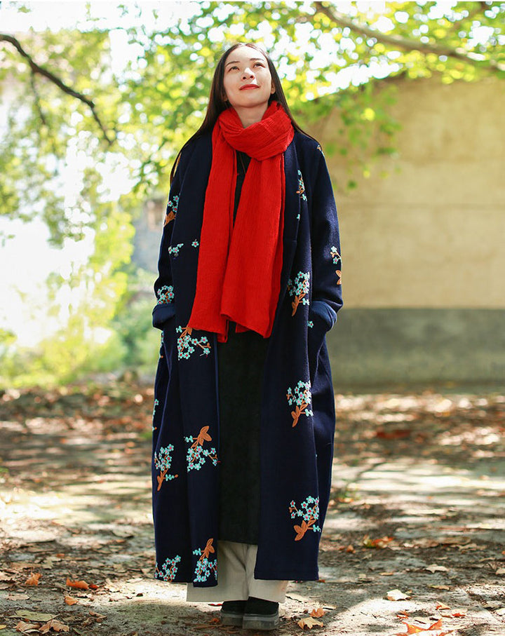 Womens Chinese Retro Floral Long Wool Coat Cardigan Style