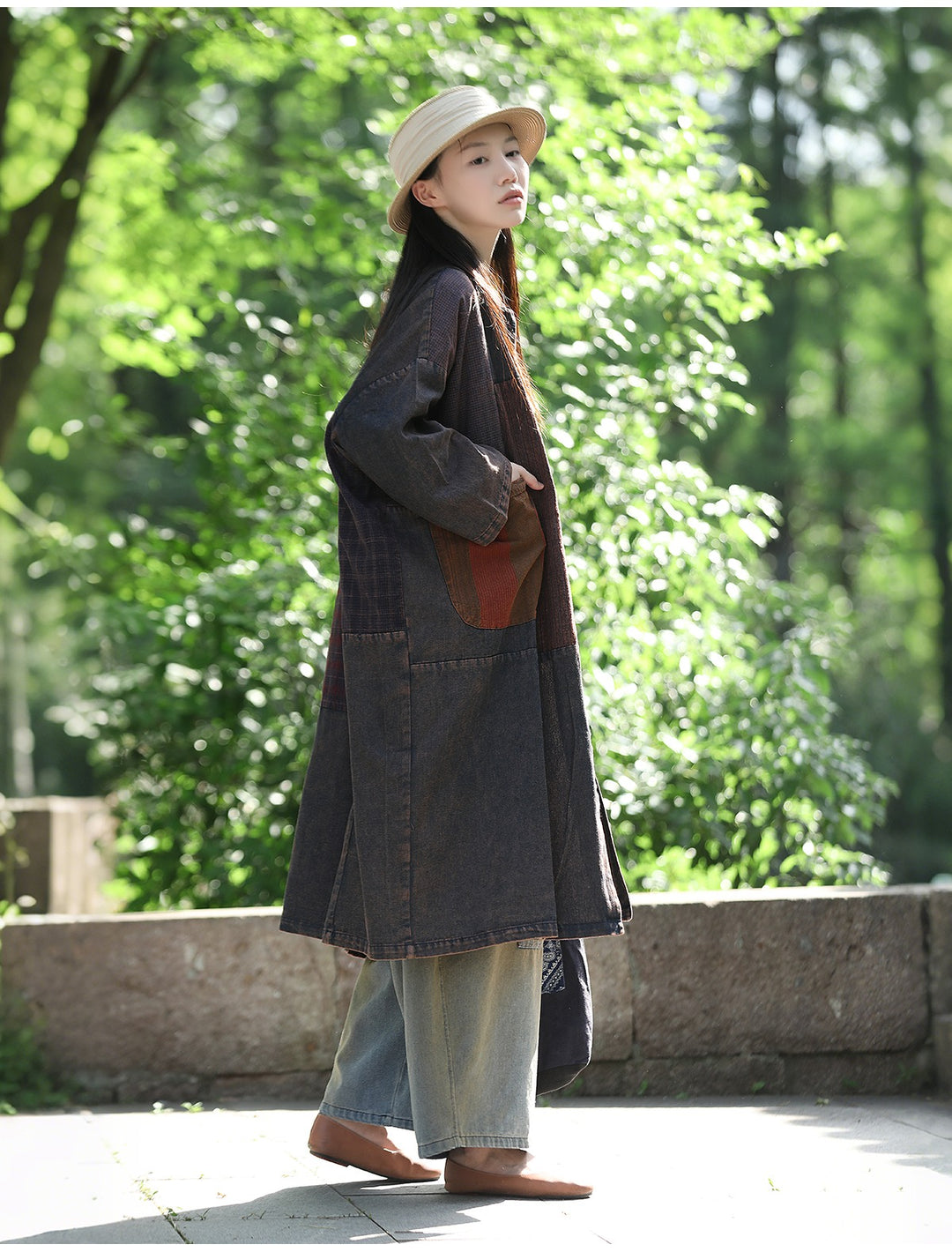 Autumn Cotton Patchwork Single-Breasted Trench Coat for Women