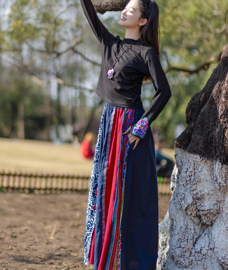 Cotton And Linen boho Elastic Waist Wide Sleeve Maxi Skirt