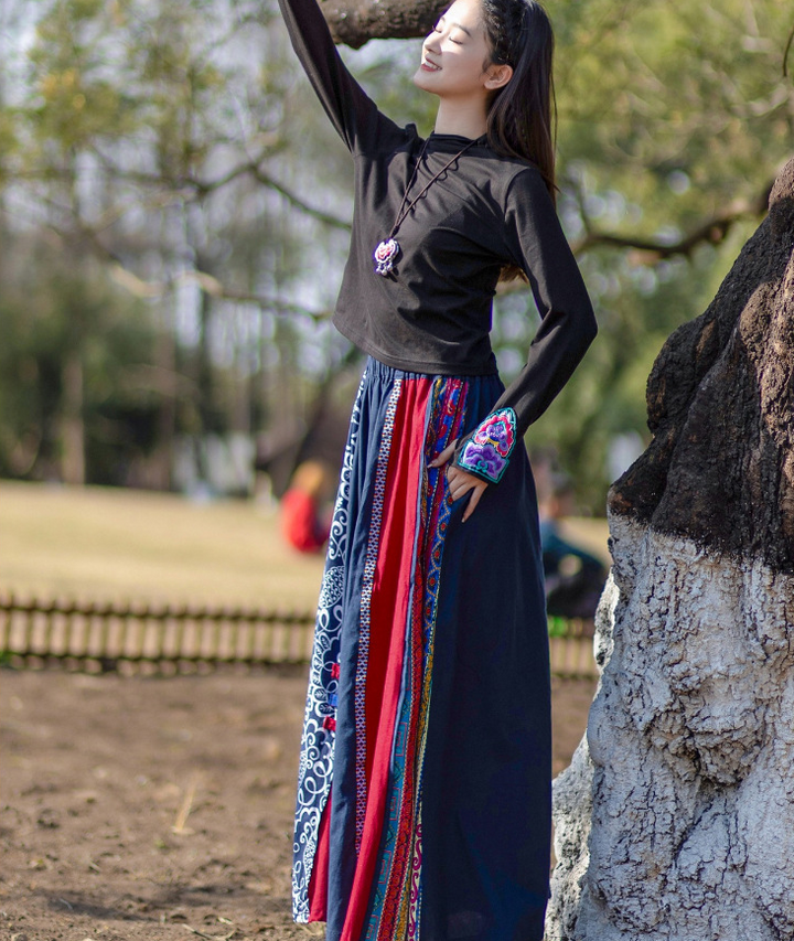 Cotton And Linen boho Elastic Waist Wide Sleeve Maxi Skirt