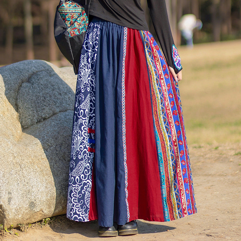 Cotton And Linen boho Elastic Waist Wide Sleeve Maxi Skirt