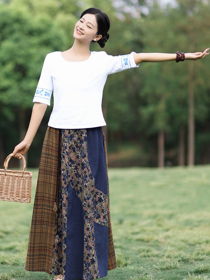 Cotton and Linen Elastic Waist Renaissance Swing Skirt