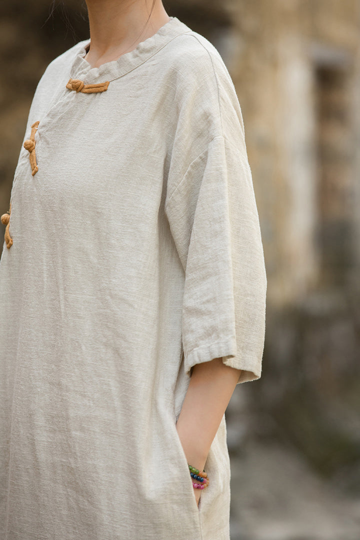 New Chinese Style Ramie Sand Washed Linen Casual Dresses