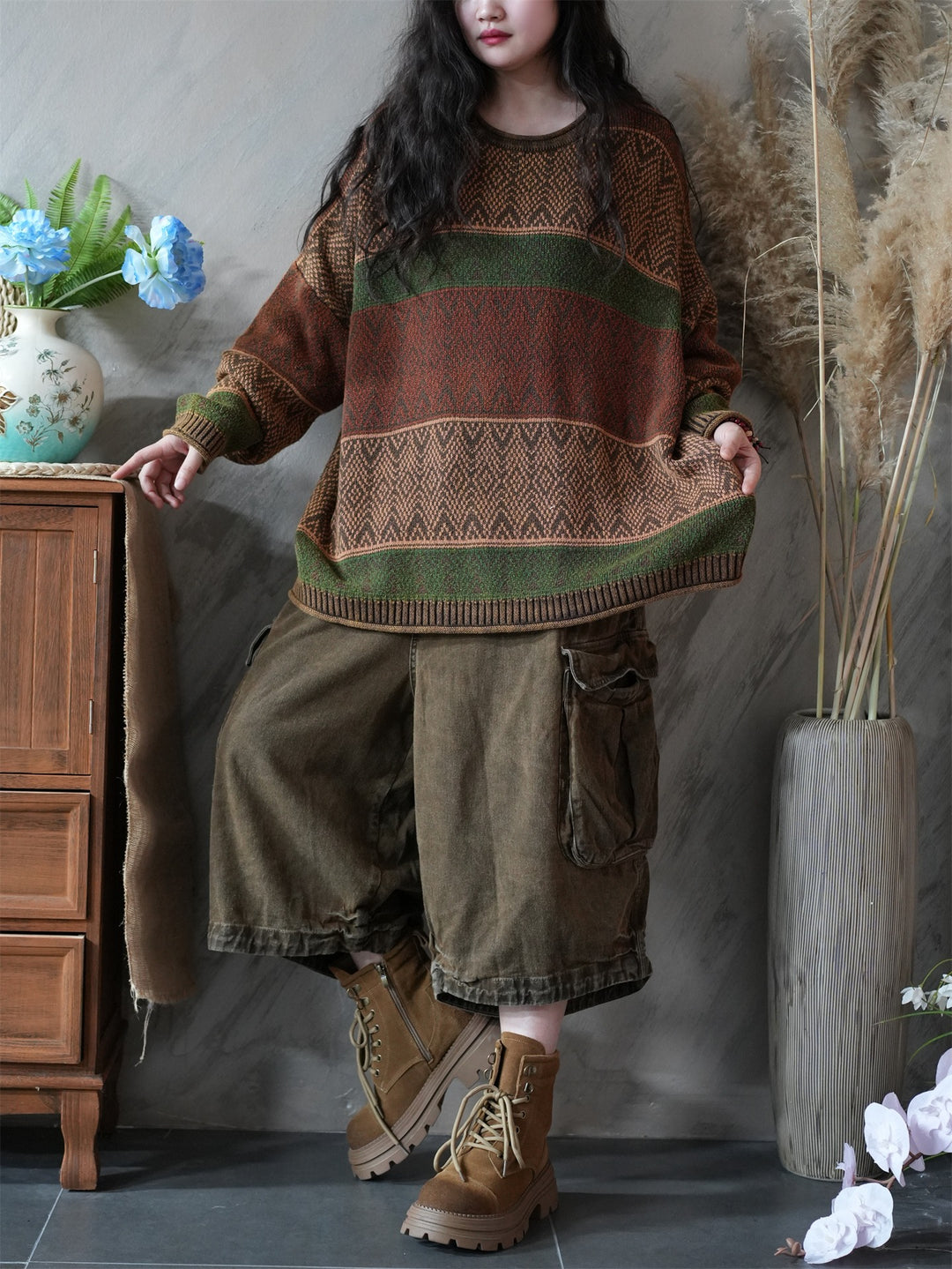Cotton Oversized Striped Knitted Sweater for Women