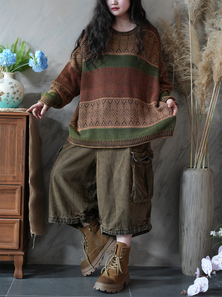 Cotton Oversized Striped Knitted Sweater for Women