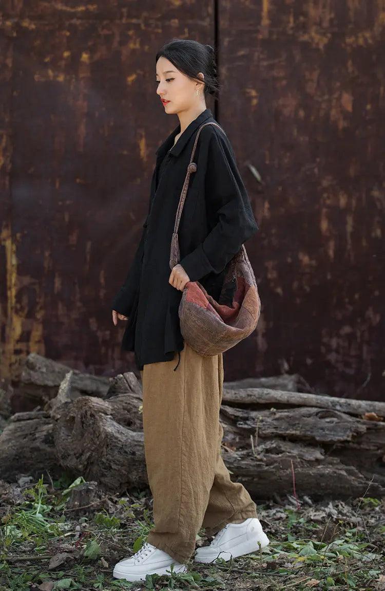 women tops Vintage Lace-up Linen Cardigan with Retro Style-Women's Shirt-Thebesttailor-One size-Black-Linen-Thebesttailor