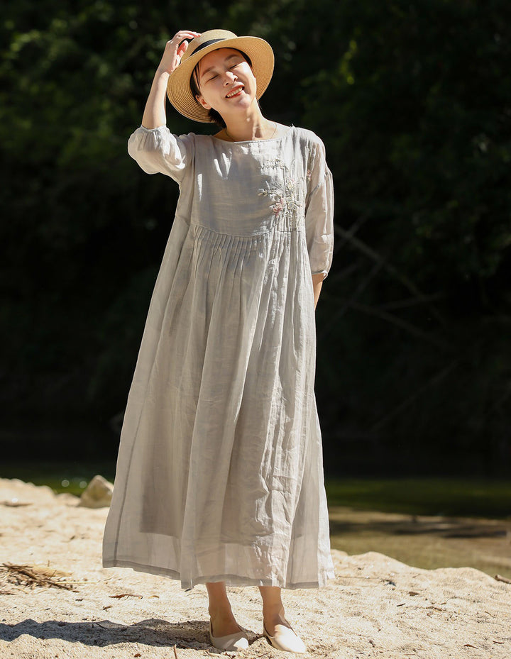 Linen Embroidery Round Neck High Waisted Summer Dresses