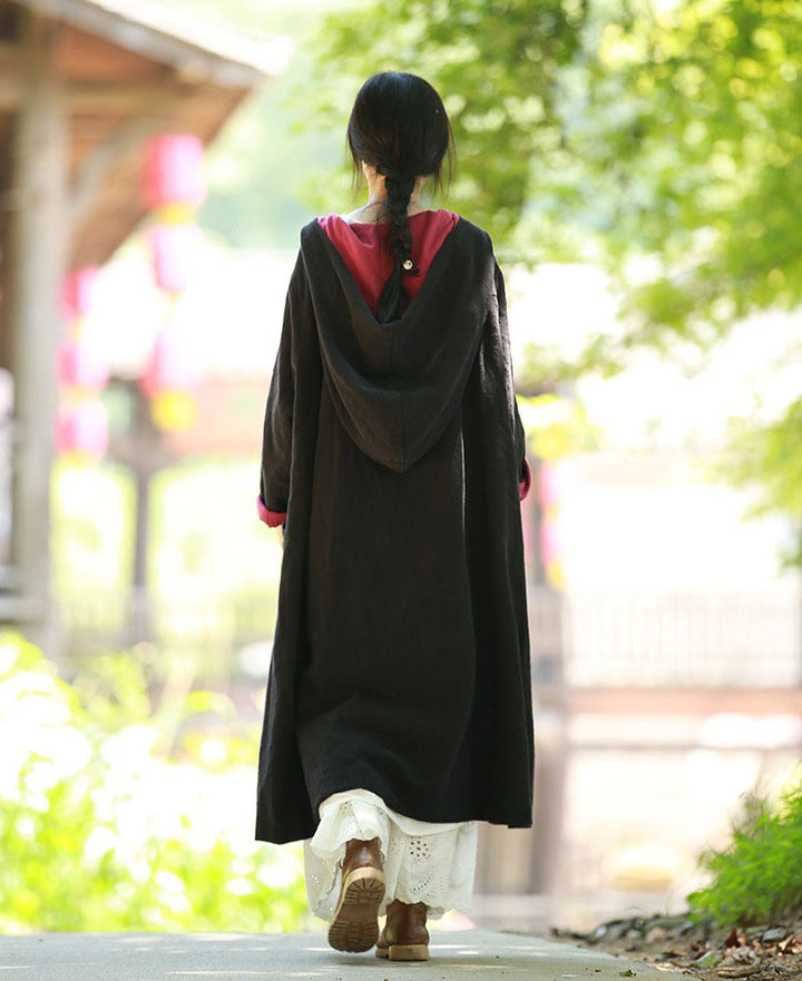 Black Linen Cotton Cardigan Hooded Long Coat For Women