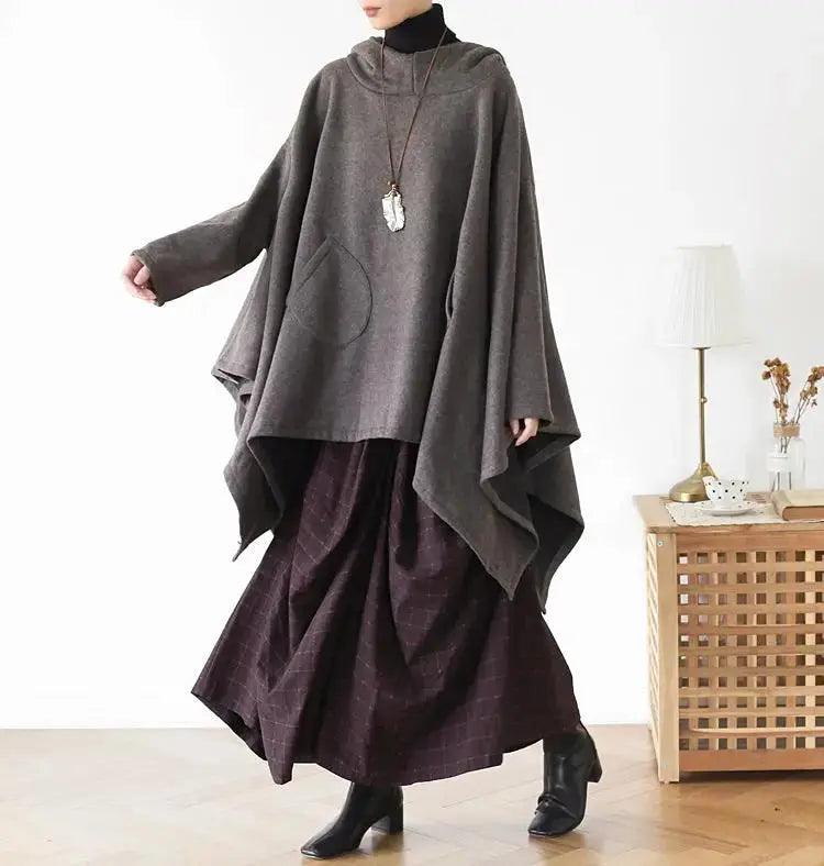 Women's Hooded Cape Asymmetric Long Cape Coat-Women's coat-Thebesttailor-One size-Gray-Cotton-Thebesttailor