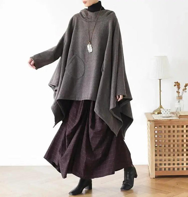 Women's Hooded Cape Asymmetric Long Cape Coat-Women's coat-Thebesttailor-One size-Gray-Cotton-Thebesttailor