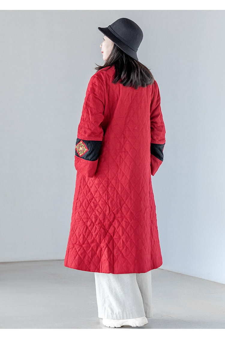 Vintage Chinese Quilted Linen Winter Coat Red Black