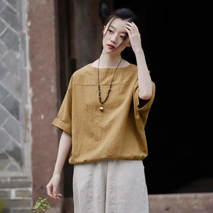 Loose White Cotton and Linen Short Sleeve T-shirt for Women-Women's Shirt-Thebesttailor-Thebesttailor