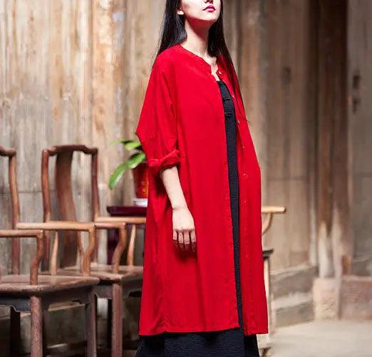 Stylish Red Retro Women's Cotton Long Sleeve Shirt-Women's Shirt-Thebesttailor-Thebesttailor