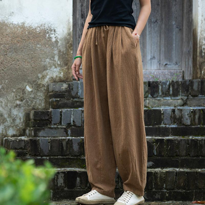 Sand-Washed Linen Tapered Carrot Pants with Drawstring-Women's pants-Thebesttailor-One size-Brown-Linen-Thebesttailor