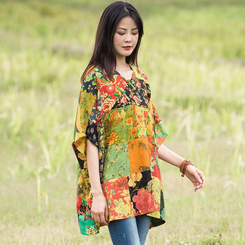 Retro Floral Loose Linen Spring Blouse for Women-Women's Shirt-Thebesttailor-One size-Yellow-Linen-Thebesttailor