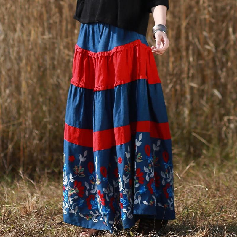 Bohemian Blue Floral Long A-line Skirt in Cotton/Linen-Women's Skirts-Thebesttailor-Thebesttailor