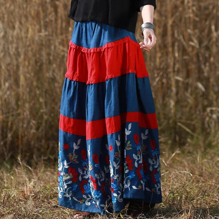 Bohemian Blue Floral Long A-line Skirt in Cotton/Linen-Women's Skirts-Thebesttailor-Thebesttailor
