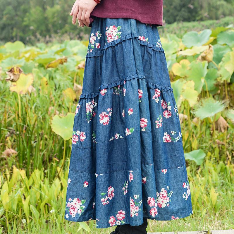 Bohemian Chic Long Denim Skirt for Free-Spirited Women-Women's Skirts-Thebesttailor-Thebesttailor