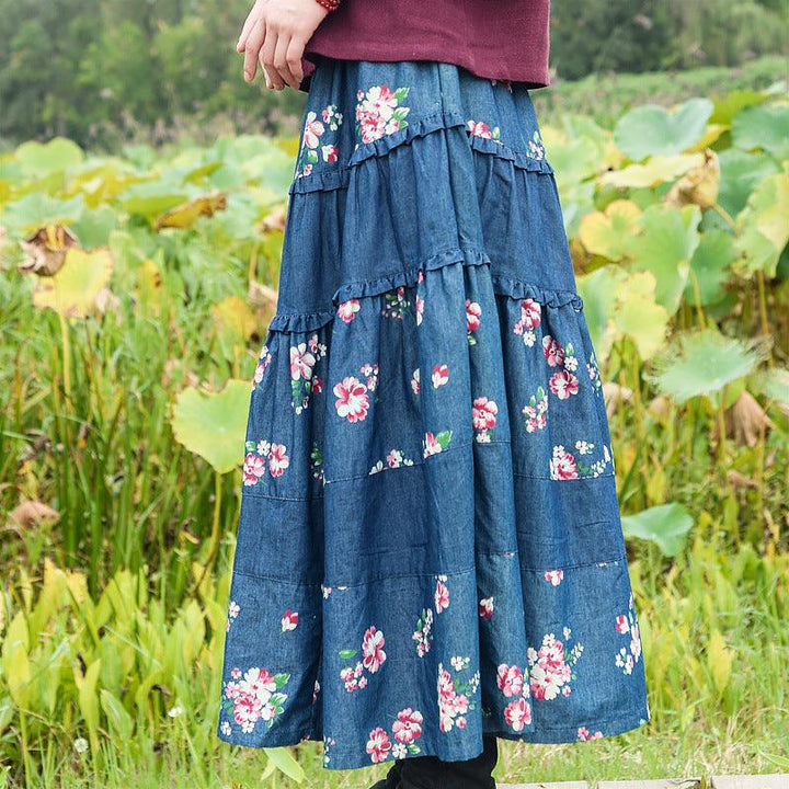 Bohemian Chic Long Denim Skirt for Free-Spirited Women-Women's Skirts-Thebesttailor-Thebesttailor