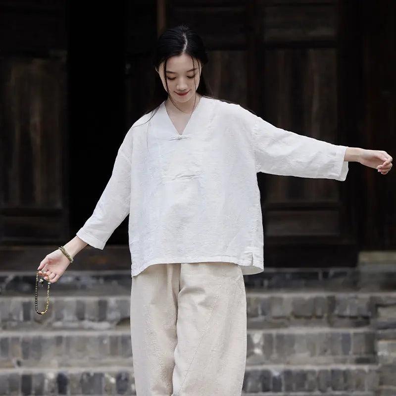 linen shirts women summer tops womens blouses 3 4 sleeve tops-Women's Shirt-Thebesttailor-One size-White-Linen-Thebesttailor