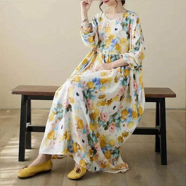 Women's Loose Fit Bohemian Yellow Floral Summer Cotton Dress-Women's dress-Thebesttailor-Thebesttailor