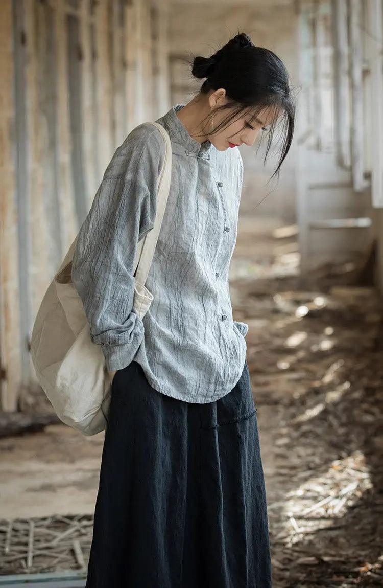 Handmade Retro Tie-Dye Cotton and Linen Sun Shirt for Women-Women's Shirt-Thebesttailor-One size-Grey-Thebesttailor