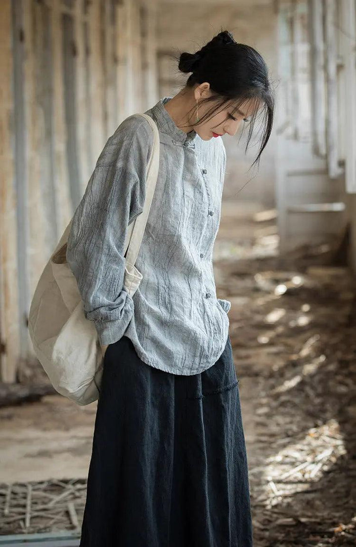 Handmade Retro Tie-Dye Cotton and Linen Sun Shirt for Women-Women's Shirt-Thebesttailor-One size-Grey-Thebesttailor