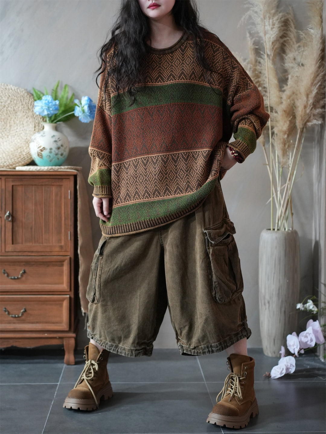 Cotton Oversized Striped Knitted Sweater for Women