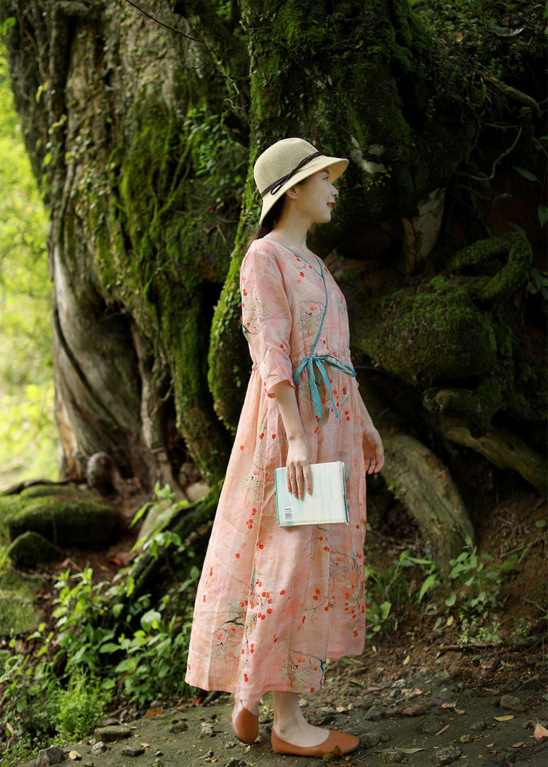 Linen Floral Drape Midi Dress With Half Sleeves Women
