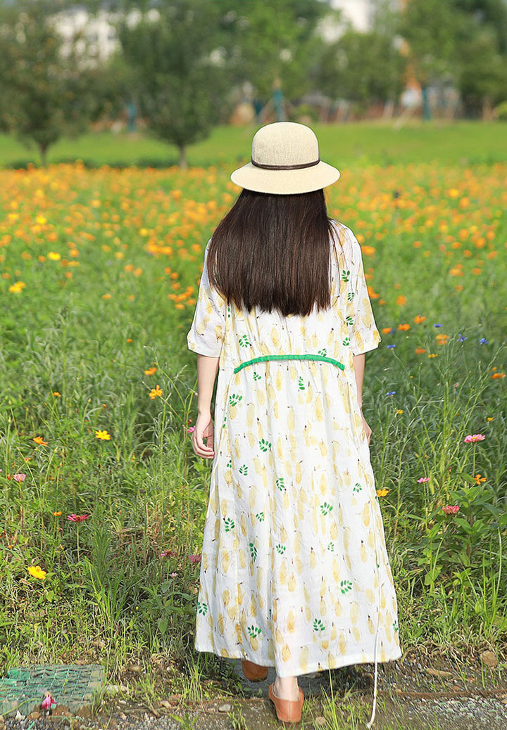 Linen Floral Print Round Neck Oversized Maxi Dresses Women