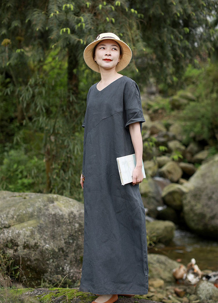 Gray Linen Embroidered Half Sleeves Maxi Dress For Women