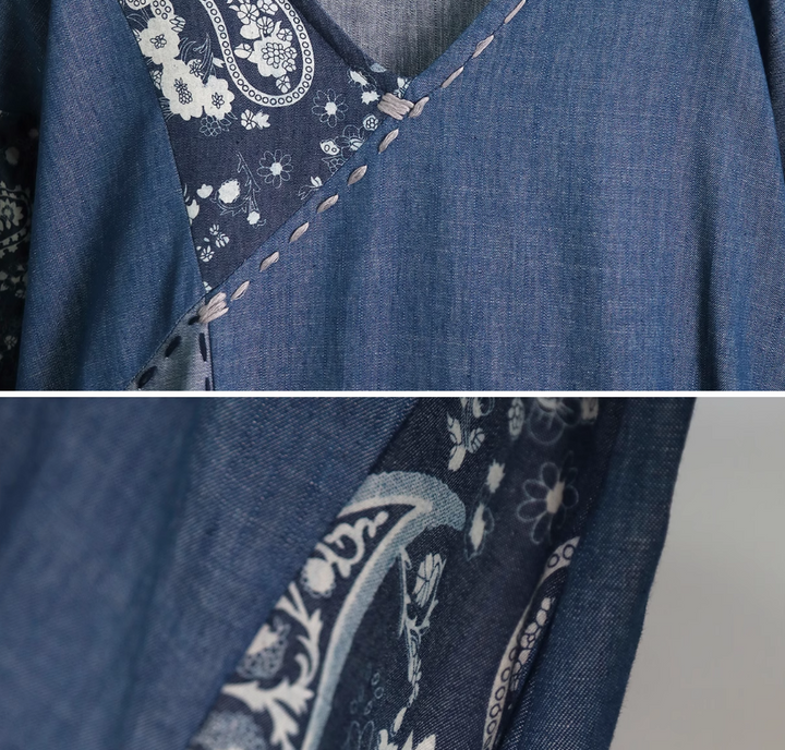 Blue Cotton Patchwork V Neck Maxi Dress For Women Casual