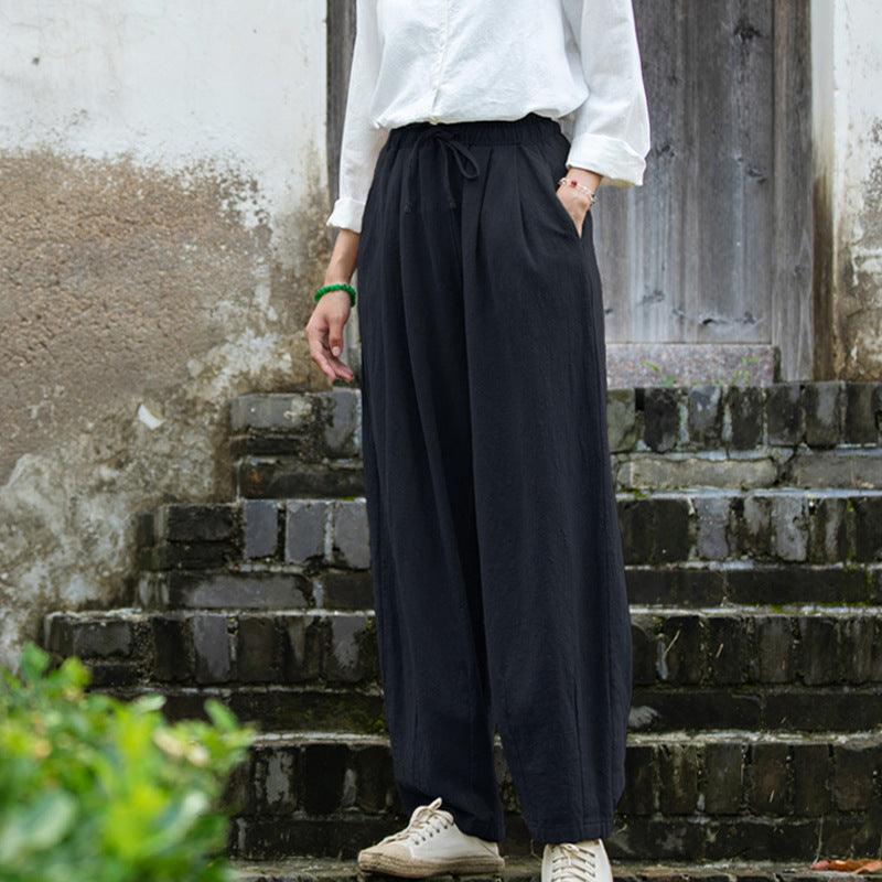 Sand-Washed Linen Tapered Carrot Pants with Drawstring-Women's pants-Thebesttailor-One size-Black-Linen-Thebesttailor