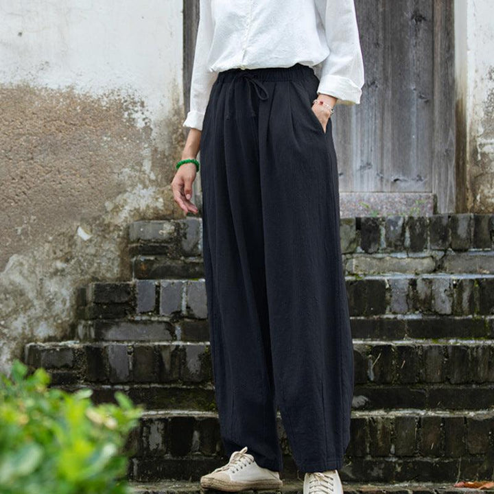 Sand-Washed Linen Tapered Carrot Pants with Drawstring-Women's pants-Thebesttailor-One size-Black-Linen-Thebesttailor