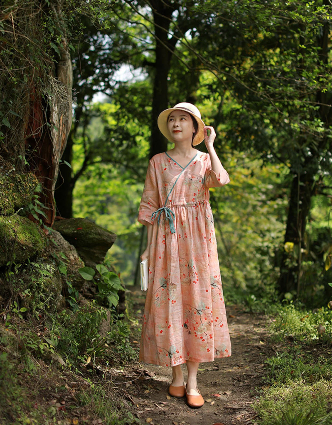 Linen Floral Drape Midi Dress With Half Sleeves Women