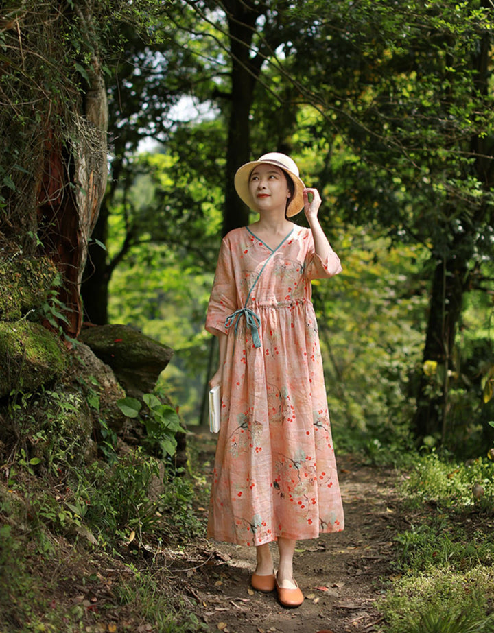 Linen Floral Drape Midi Dress With Half Sleeves Women