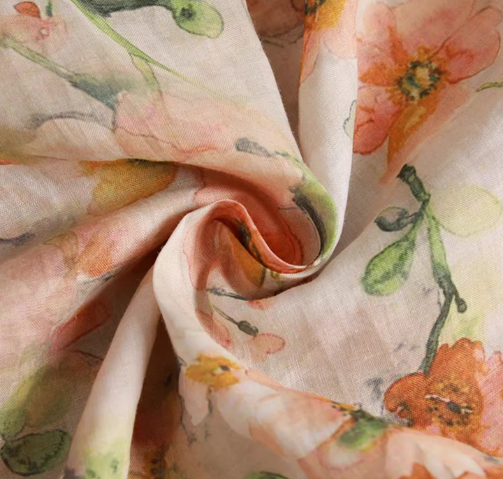 Linen Floral Drape Midi Dress With Half Sleeves Women