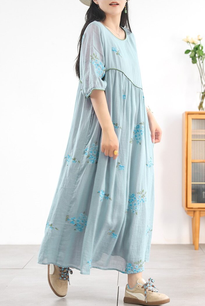 Summer Casual Ramie A-Line Half Sleeve Embroidery Oversized Dress