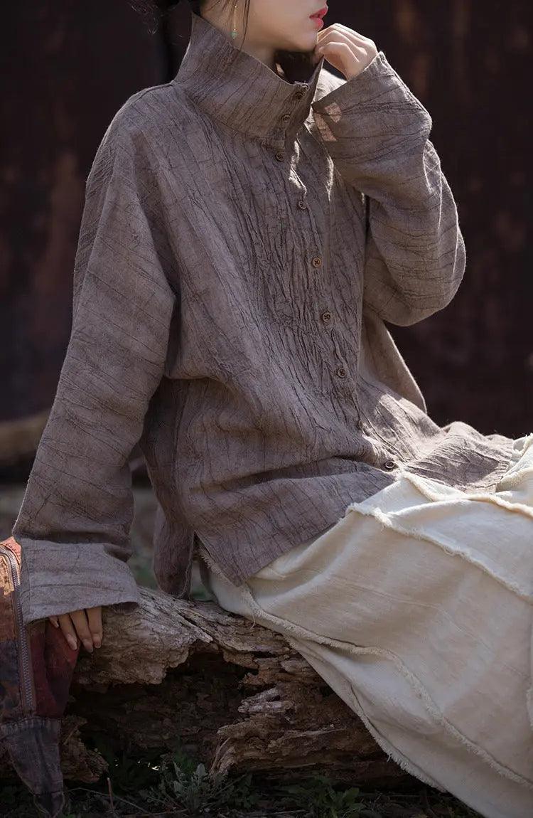 Linen Blouse for Women Elegant Linen Turtleneck Cardigan Blouse by Thebesttailor