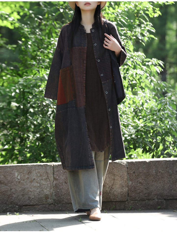 Autumn Cotton Patchwork Single-Breasted Trench Coat for Women