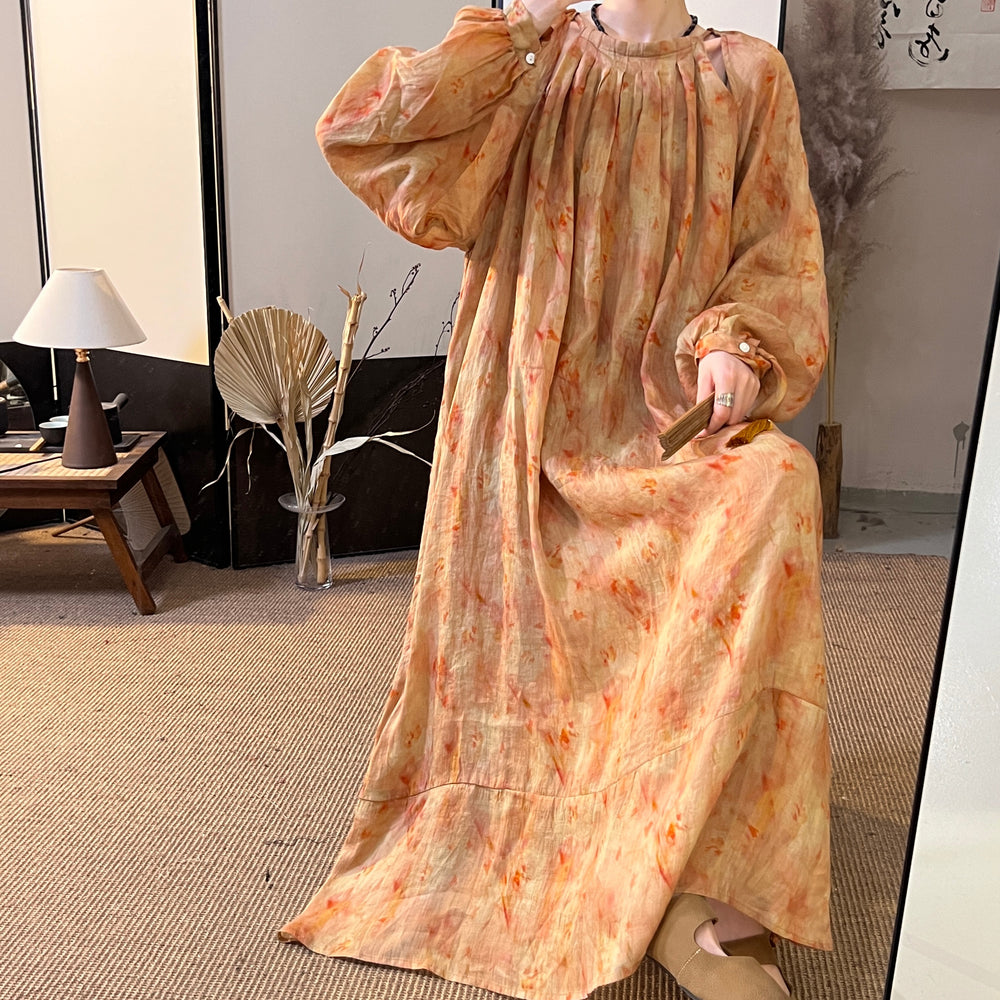 Casual Ramie Printed Long Sleeve Maxi Dress by Thebesttailor