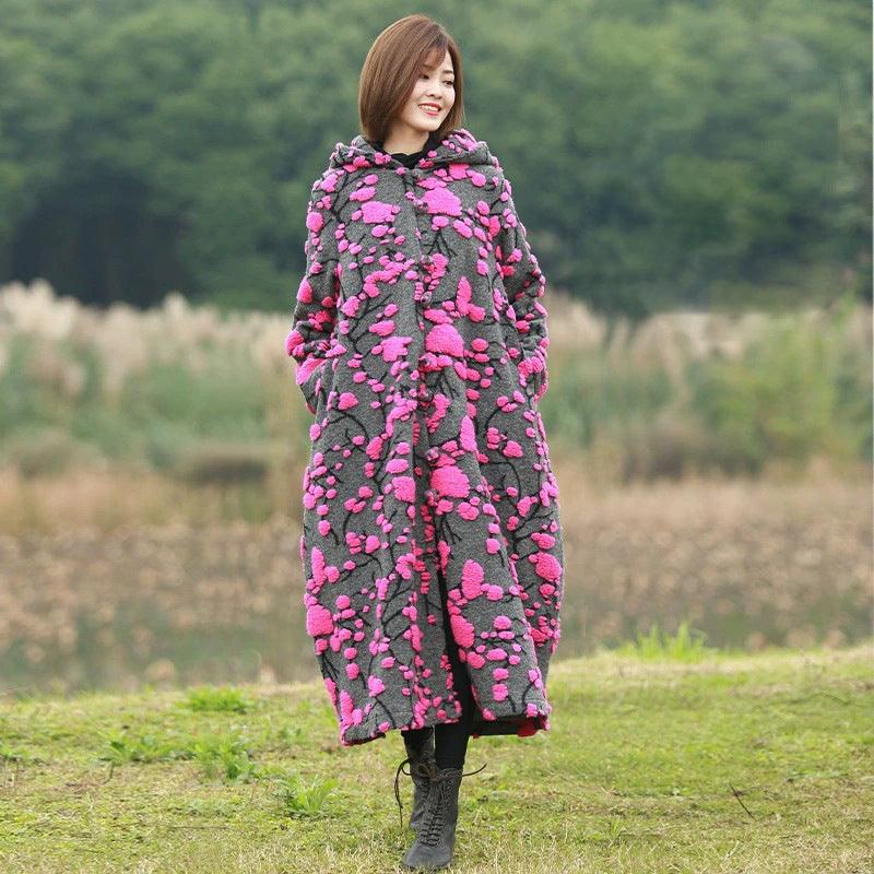 Retro Jacquard Wool Hooded Cardigan Coat for Women-Women's coat-Thebesttailor-Thebesttailor