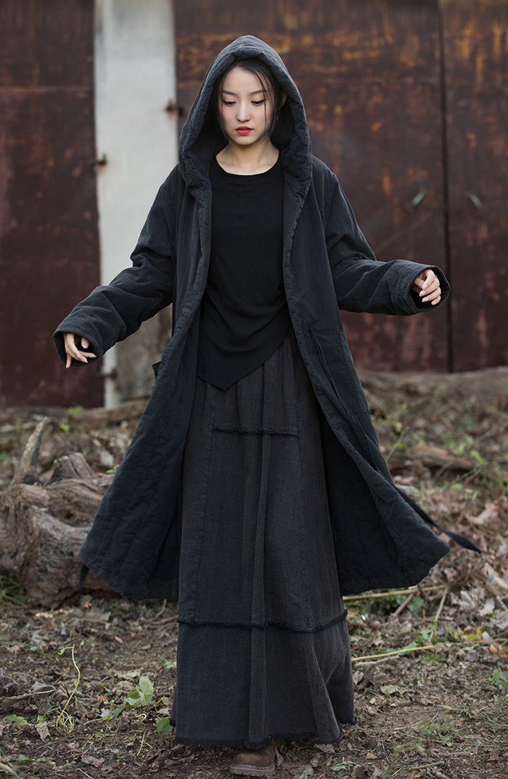 black quilted transitional women's coat maxi coat with hood