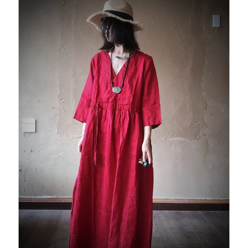 Summer Dark Blue V-Neck Linen Maxi Dress with Long Sleeves
