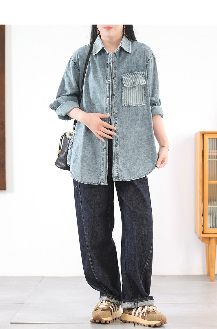 Women's Retro Striped Contrast Denim Shirt