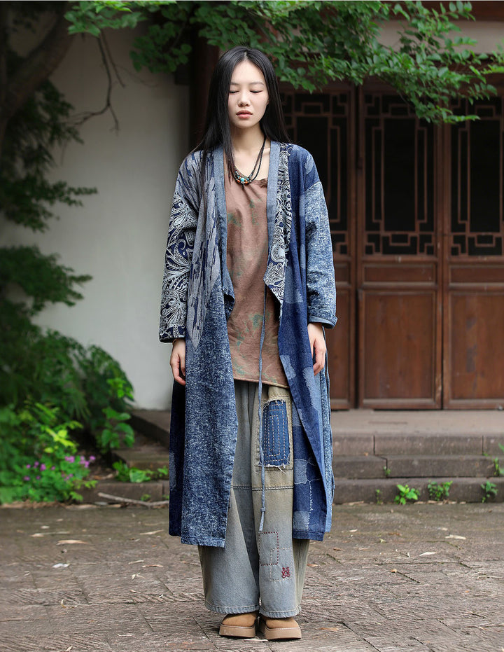 Autumn Indigo Dye Denim Cardigan With Printed Oversized by Thebesttailor