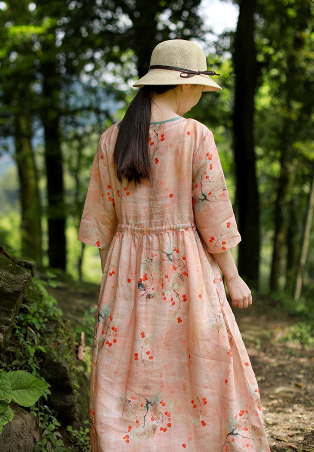 Linen Floral Drape Midi Dress With Half Sleeves Women