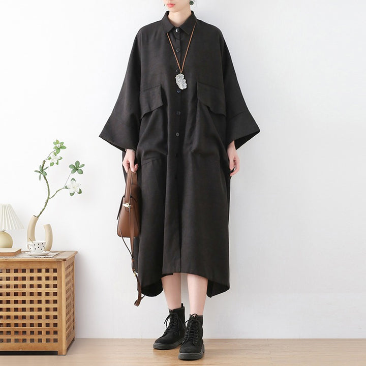 Cotton Maxi Dress with Bat Sleeves for Spring