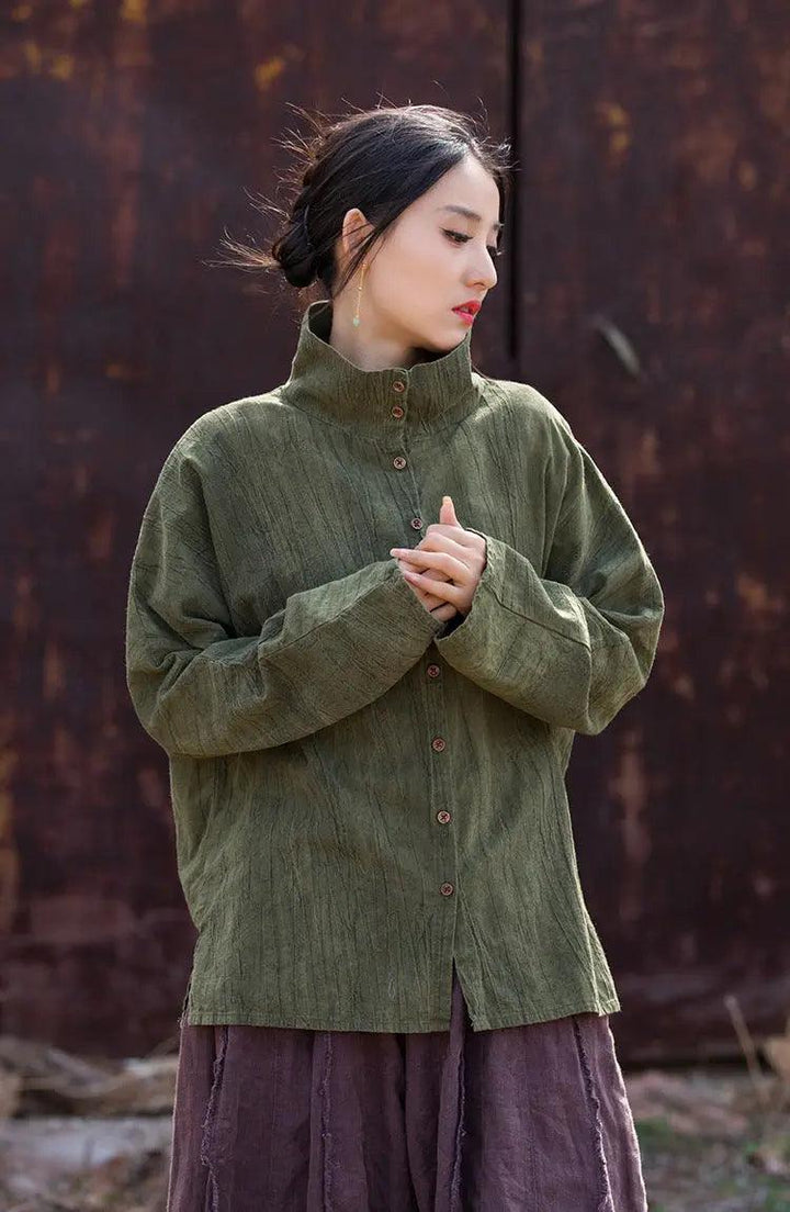 Linen Blouse for Women Elegant Linen Turtleneck Cardigan Blouse-Women's Shirt-Thebesttailor-Thebesttailor